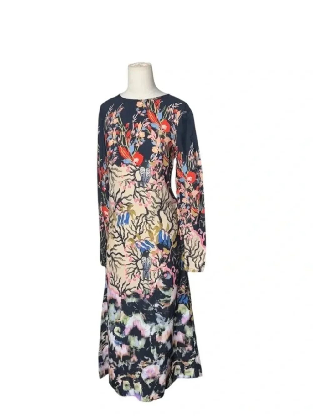 H&M Long Sleeve Printed Midi Dress – Bold Artistic Floral Print – Elegant Sz 2 - Picture 2 of 8